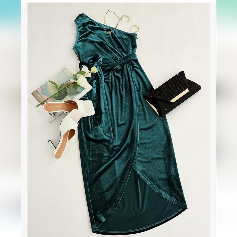 Merokeety Women's Emerald One Shoulder Velvet Wrap Slit Midi Dress NWT Size L - Picture 6 of 15